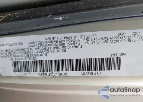 2007 Subaru Outback 2.5I/2.5I Basic/2.5I L.l. Bean Edition from USA, damaged, VIN 4S4BP61C877342423